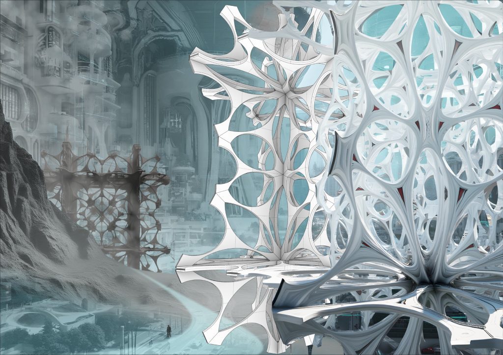 Architectural collage of white curved structural modules against a blue-grey imaginary city