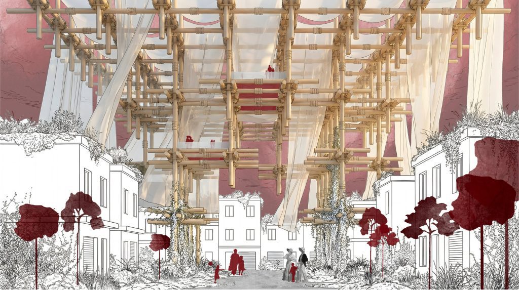 A timber grid and hanging white fabric rise above a drawn streetscape with burgundy trees and figures