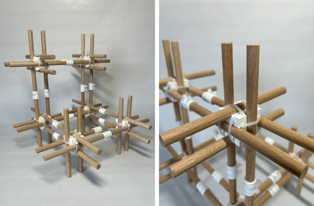Two photographs show a wooden-rod model and a close view of its white connectors