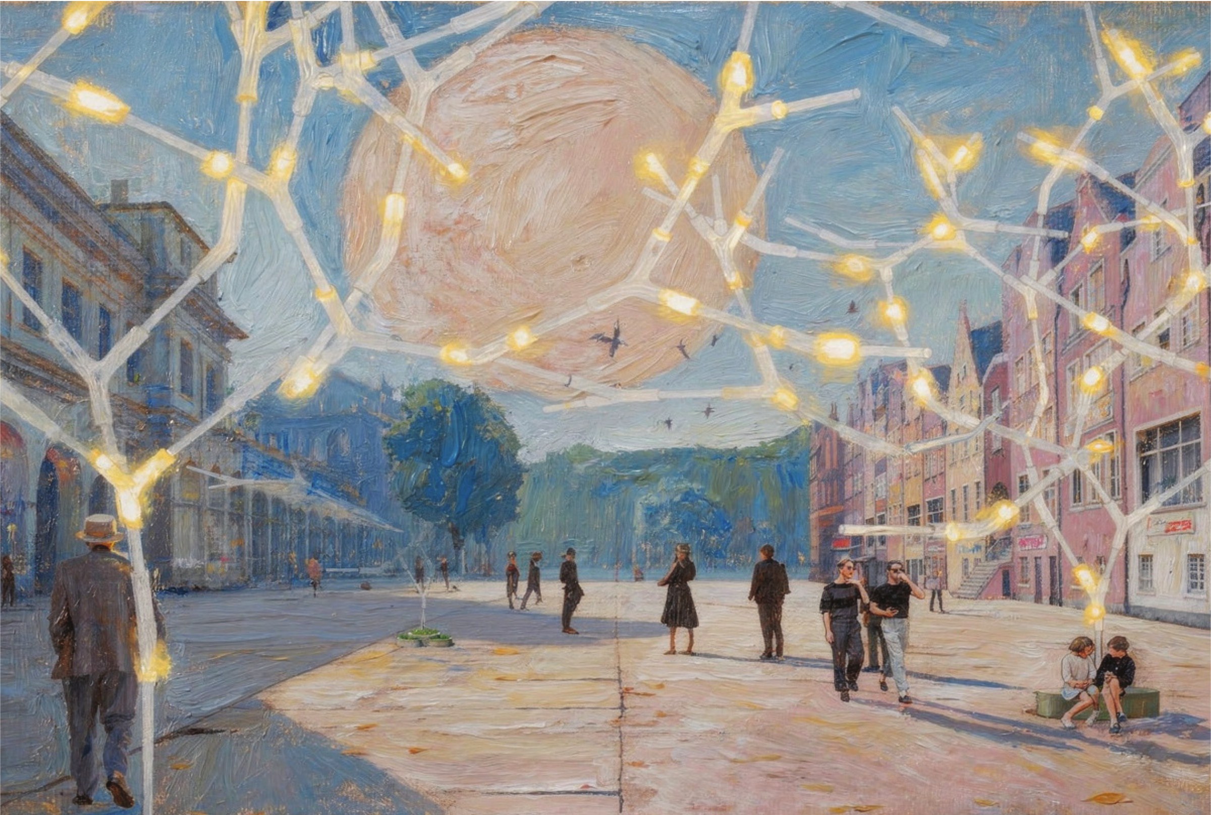 Painterly urban square with branching white structures and warm lights beneath a blue and pink sky