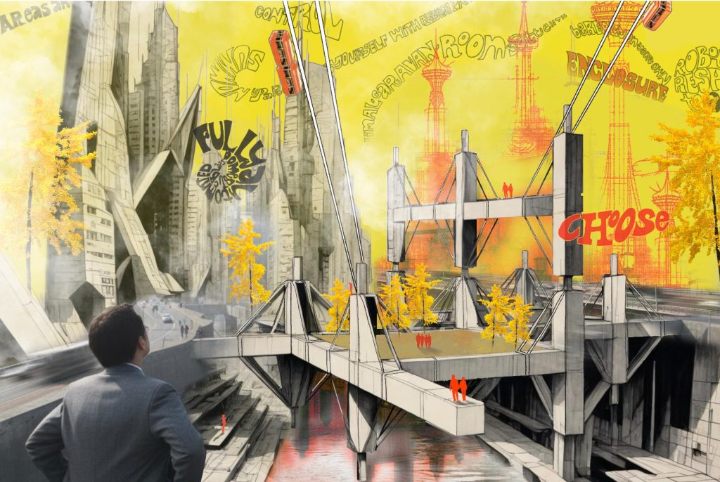 Yellow and red architectural collage with a suspended structural system above a waterway