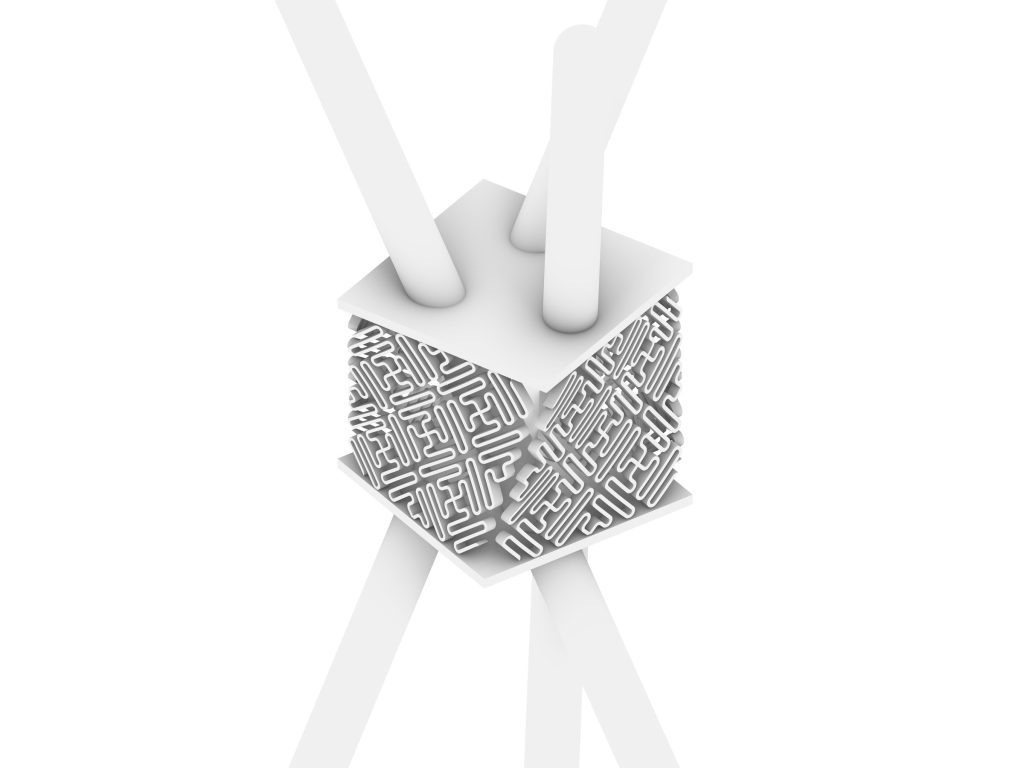 White rendering of a cube-shaped connector with a meandering lattice surface and projecting rods.