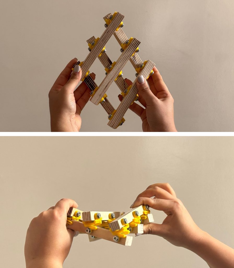 Two stacked photographs show hands holding a wooden lattice with yellow joints in extended and folded configurations