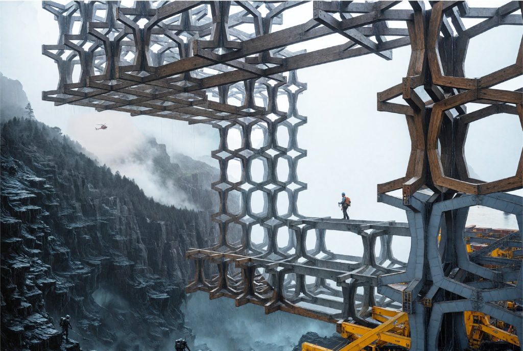 Large repeated structural frames span a misty rocky landscape, with small figures showing scale