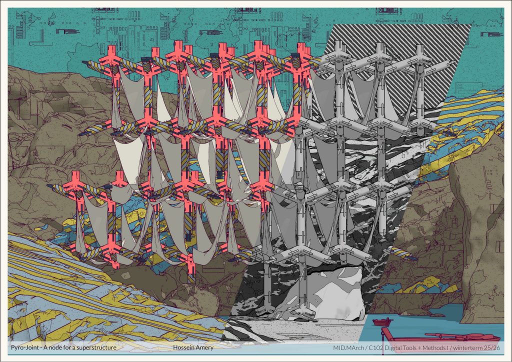 Graphic collage of a repeated connector structure with red, grey and turquoise area