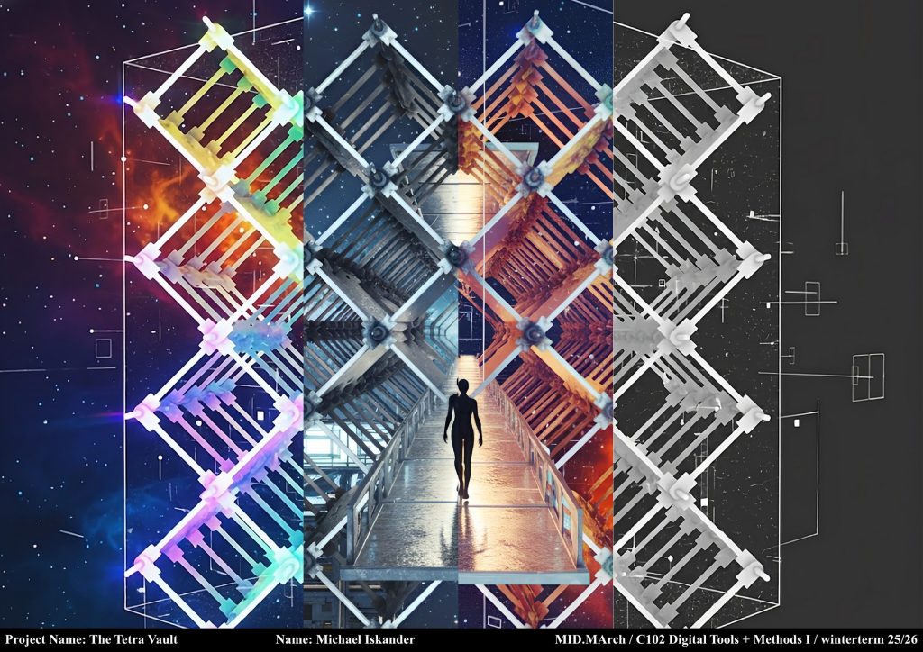 A diamond-shaped structural grid combines colourful imagined scenes and a white digital model