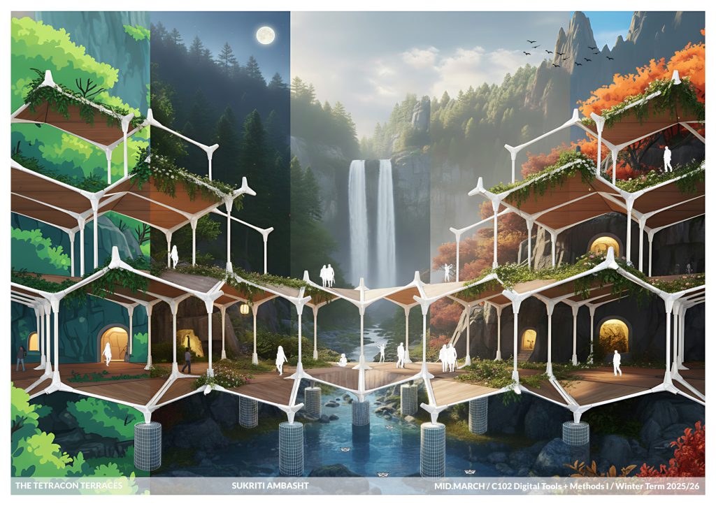 Illustrated terraces with white branching supports frame a waterfall and a green landscape